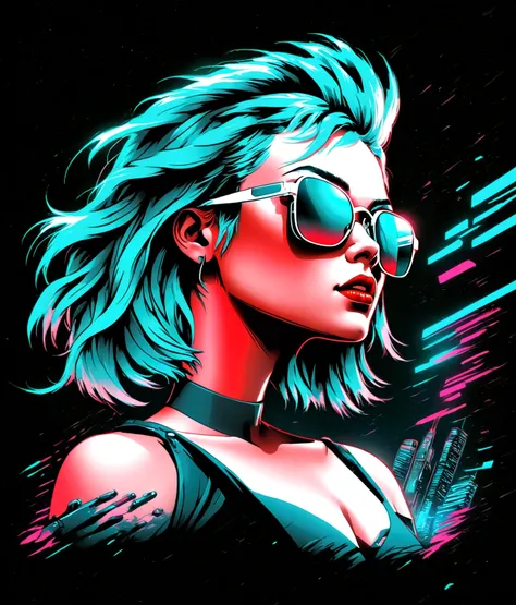 a woman with blue hair and sunglasses on her face, cyberpunk art by Liam Wong, tumblr, digital art, jen bartel, in style of digital illustration, neon operator margot robbie, high contrast illustrations, martin ansin, 3d grainy aesthetic illustration, synt...