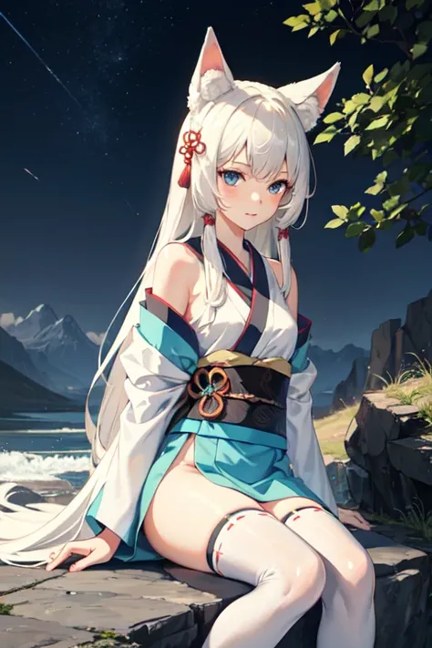 ((best quality)), ((masterpiece)), (detailed), Anime 18-year-old woman with white hair and blue eyes sitting sideways on a textureless square stone on the mountain at night, Fox tail，Fox ears，Long flowing hair ，headgear, Waist ornaments，Anime style 4k, Sim...