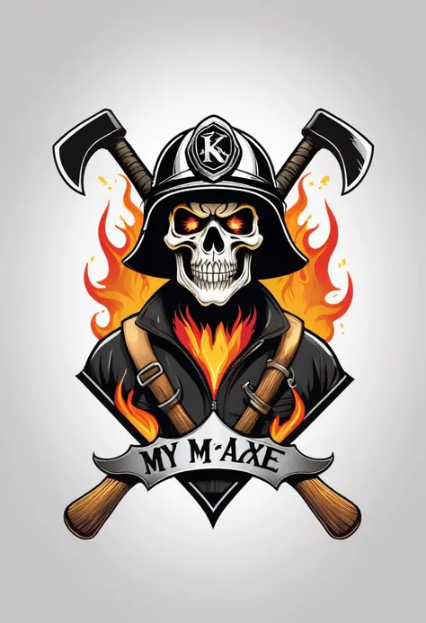 creative logo illustraton of a scary firefighter skull with flaming eyes holding a silver axe, featuring the typography ( KISS MY AXE ), The illustration is set against a white background. The overall theme is vibrant and fantastic with a touch of digital ...