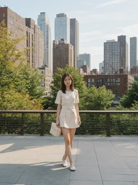 her name is Asako, high quality, 1girl, ((20-year-old fit Caucasian woman)), ((20 years old)), ((slim)), ((Hime Cut)), pose: standing, wearing stylish fashionable Generation-Z modern wear PASTEL colored, BACKGROUND: At the High Line, a linear park built on...