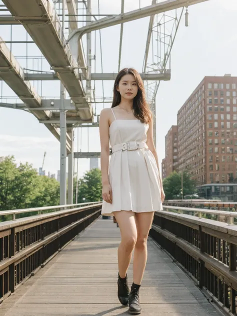 her name is Asako, high quality, 1girl, ((20-year-old fit Caucasian woman)), ((20 years old)), ((slim)), ((Hime Cut)), pose: standing, wearing stylish fashionable Generation-Z modern wear PASTEL colored, BACKGROUND: At the High Line, a linear park built on...