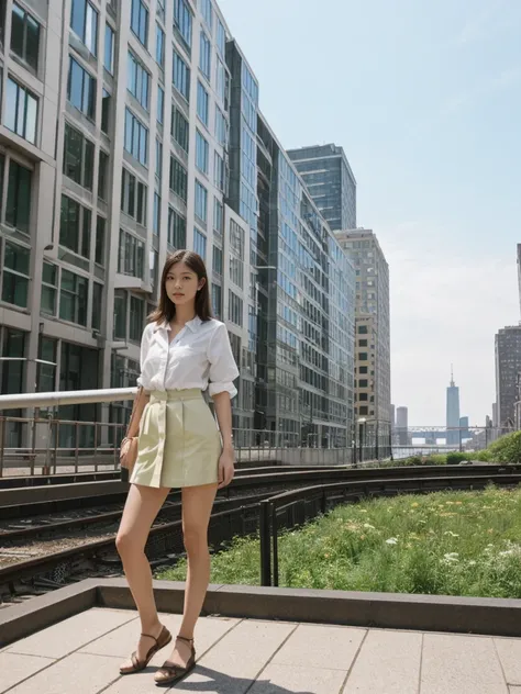 her name is Asako, high quality, 1girl, ((20-year-old fit Caucasian woman)), ((20 years old)), ((slim)), ((Hime Cut)), pose: standing, wearing stylish fashionable Generation-Z modern wear PASTEL colored, BACKGROUND: At the High Line, a linear park built on...