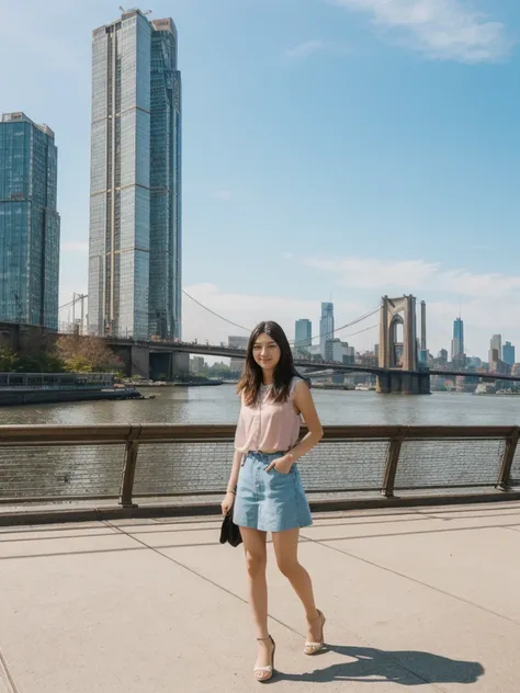 her name is Asako, high quality, 1girl, ((20-year-old fit Caucasian woman)), ((20 years old)), ((slim)), ((Hime Cut)), pose: standing, wearing stylish fashionable Generation-Z modern wear PASTEL colored, BACKGROUND: At the High Line, a linear park built on...