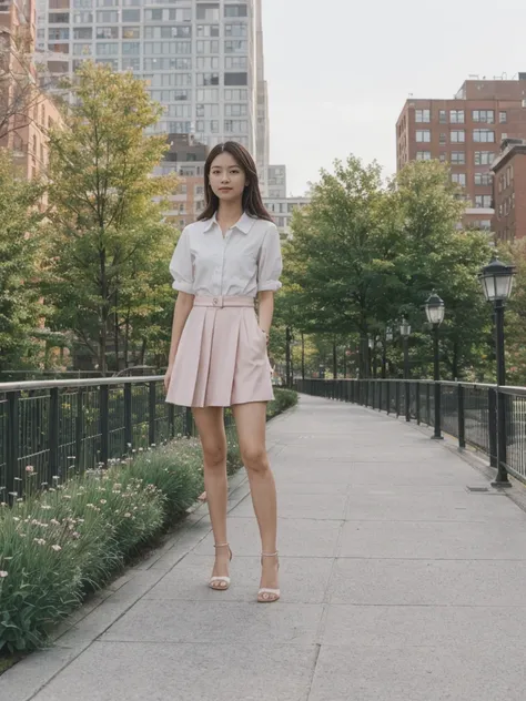 her name is Asako, high quality, 1girl, ((20-year-old fit Caucasian woman)), ((20 years old)), ((slim)), ((Hime Cut)), pose: standing, wearing stylish fashionable Generation-Z modern wear PASTEL colored, BACKGROUND: At the High Line, a linear park built on...