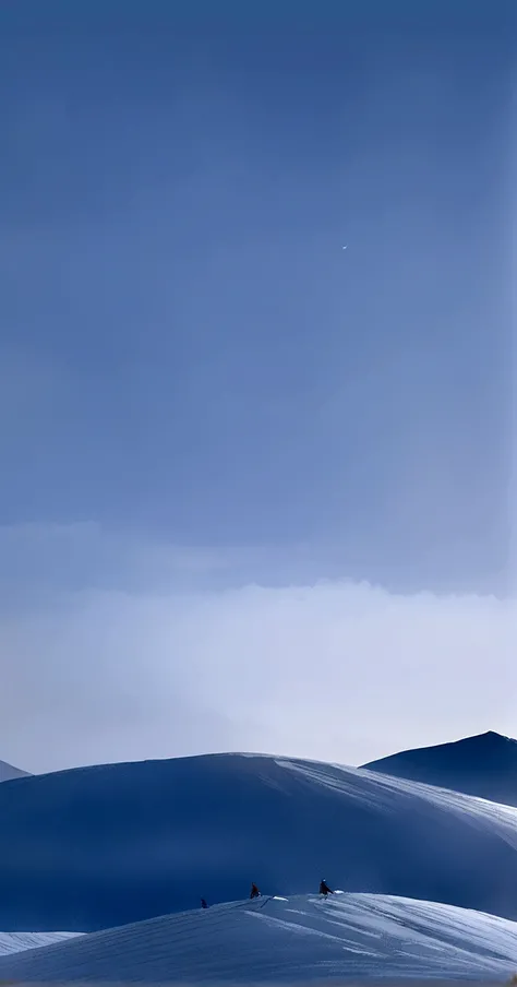 Skier sliding down snowy mountain under blue sky and white clouds, Mountains in the background脉, Mountains in the background, Mountains in the background脉, Mountains in the background, Very broad view, hyper wide view, Clear blue sky, Mountains in the back...