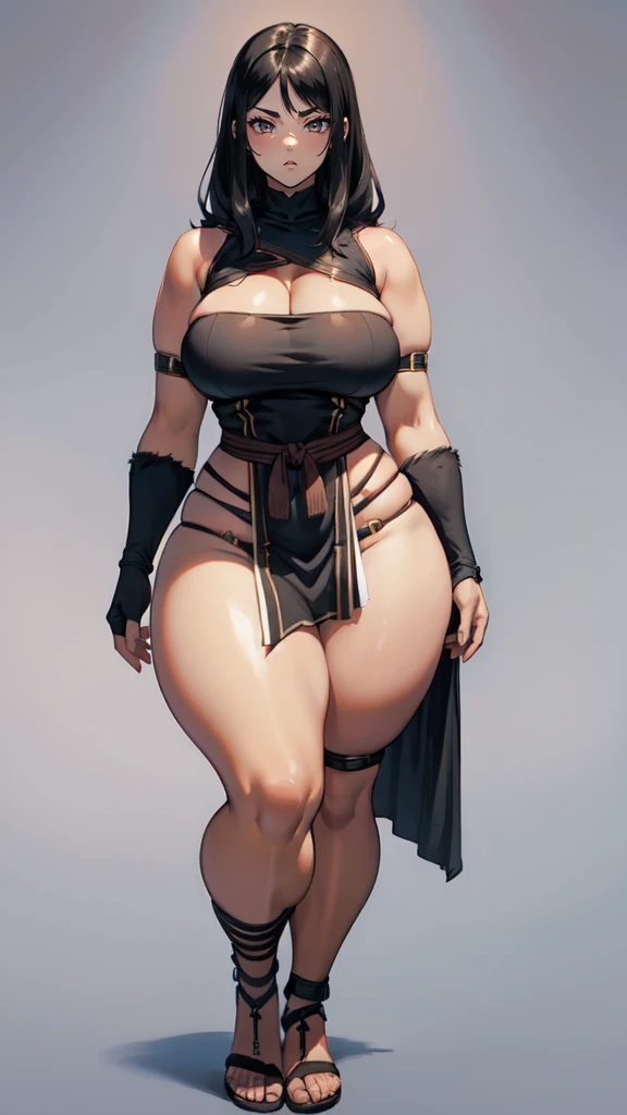 (masterpiece), best quality, female warrior, dark fantasy, huge girl, female muscular:1.2, black hair, (curvy:1.7), ((thick thighs:1.4)), (((blank background))), ((full body)), fingerless gloves, sandals, sleeveless, (straight  hair), (loincloth), (fur top...