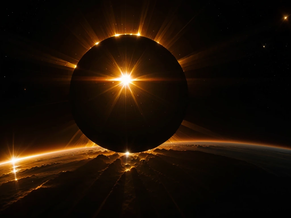 Creates very bright sun in space, black space background. The sun emits sound waves.