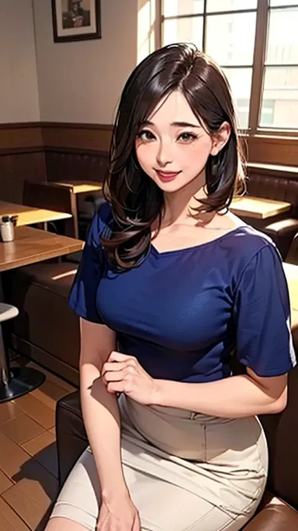 1 Woman, Japanese Woman,(Housewife:1.5),(40 Years Old:1.68),(Attractive Mature Woman:1.66),(Middle Age:1.78),(Small Round Face:1,69),(small breasts:1.2),((graduated haircut)),Casual, simple blouse,V-neckline,knee-length skirt, blouse in bright colors,paste...