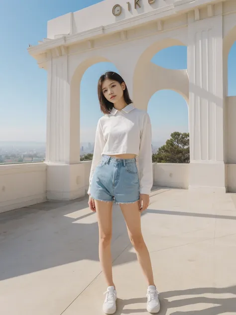 her name is Asako, high quality, 1girl, ((20-year-old fit Caucasian woman)), ((20 years old)), ((slim)), ((Hime Cut)), pose: standing, wearing stylish fashionable Generation-Z modern wear PASTEL colored, BACKGROUND: At the Griffith Observatory, with panora...