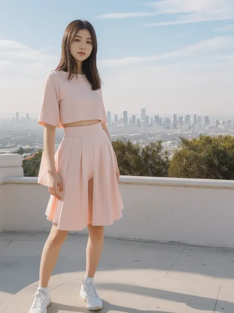 her name is Asako, high quality, 1girl, ((20-year-old fit Caucasian woman)), ((20 years old)), ((slim)), ((Hime Cut)), pose: standing, wearing stylish fashionable Generation-Z modern wear PASTEL colored, BACKGROUND: At the Griffith Observatory, with panora...