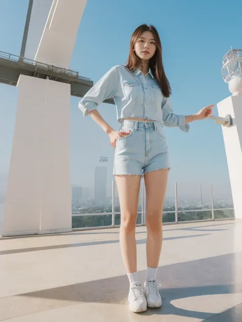 her name is Asako, high quality, 1girl, ((20-year-old fit Caucasian woman)), ((20 years old)), ((slim)), ((Hime Cut)), pose: standing, wearing stylish fashionable Generation-Z modern wear PASTEL colored, BACKGROUND: At the Griffith Observatory, with panora...