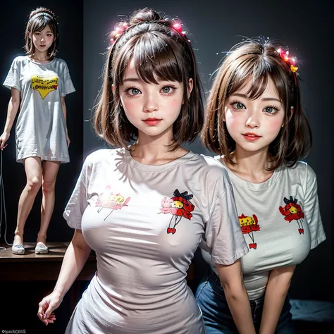 White and Bright Red, (Masterpiece 8K TopQuality:1.2) (ProfessionalPhoto:1.37) ExtremelyDetailed (((FullBody, KAWAII girl with HUGE boobs:1.37)) in (WHITE cotton T-shirt dress:1.28) with (LifeSize her Rialistic portrait printed on it:1.37)) detailed (Delic...