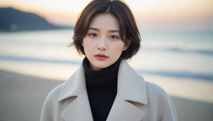 8K, 超high resolution, best quality, masterpiece, surreal, painting,A three-part method, 성숙한 1 woman, (36 years old:1.3), Pretty Woman, Cute face, Beautiful Eyes in Every Detail,Japanese female announcer,(Wearing a winter long coat and scarf that shows the ...