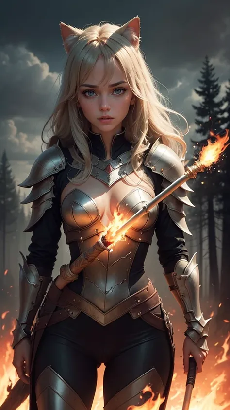 Cat girl with silky white fur with brown spots, standing alone in burning forest, wearing dented copper metal futuristic armor, casting a fireball spell with right hand extended and left hand holding a magic staff, dark foggy raining, sun blocked by clouds...