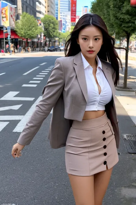 a 16 year old girl, she is the most beautiful actress in the world, the perfect body proportions of this girl, the blazer is firmly closed by its two buttons, the skin of her upper body with its large breasts are covered 100% by the shirt thats covered by ...