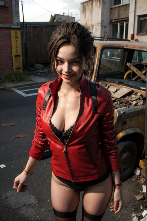 1girl, (realistic),(hyperrealism),(best quality),(masterpiece),(ultra high res),(photorealistic),idol,eye makeup,detailed eyes,detailed face, claireredfield2, brown hair, (red jacket:1.2), ponytail,,  red wristband,,  abandoned street, burning cars in back...