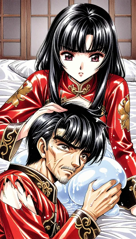 A tragic historical drama in 8k live-action style: Beautiful palace secrets　Beautiful 10 year old Chinese Kung Fu girl princess with short black hair has very rough unwanted sex with old man emperor　Gorgeous embroidery, Ultra glossy, She is wearing a shiny...