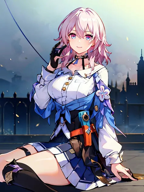 (masterpiece), best quality, expressive eyes, Perfect face, 1 girl, Solitary, March 7, blue eyes, Hair between the eyes, Medium Length Hair, pink eyes, Pink Hair, Two-Tone eyes, ankle boots, Archery Shooting Gloves, badge, Bare legs, black Necklace, black ...