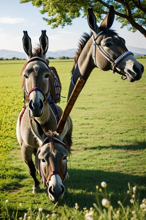 Create a donkey playing a flute in a field 