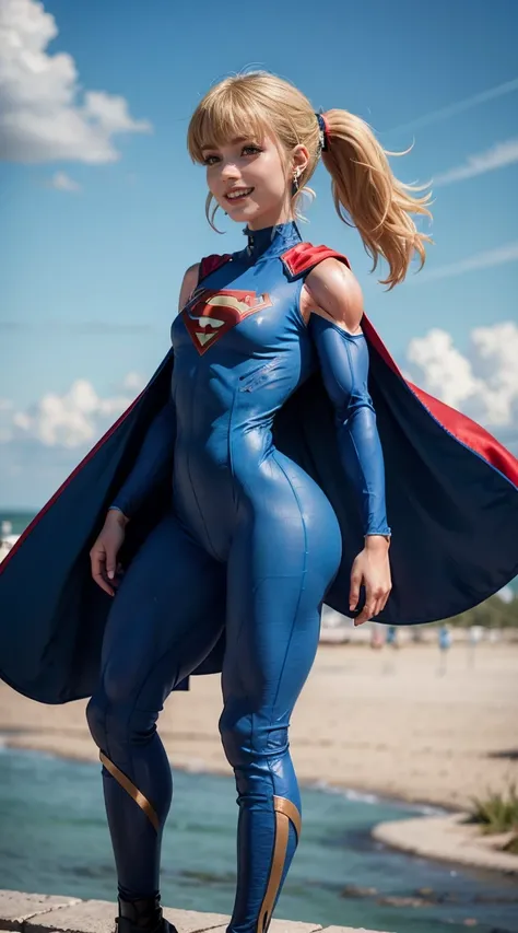 (Muscular:2.2), (thick thighs:1.8),
blonde female, (supergirl), (big smile:1.5), (blunt bangs:1.3), (ponytail:1.2),
earrings, lipstick, eyeshadow,
hard nipples,
(blue fullbodysuit:1.8), (small cape:1.3),
looking at viewer, three quarter view, (upper body v...