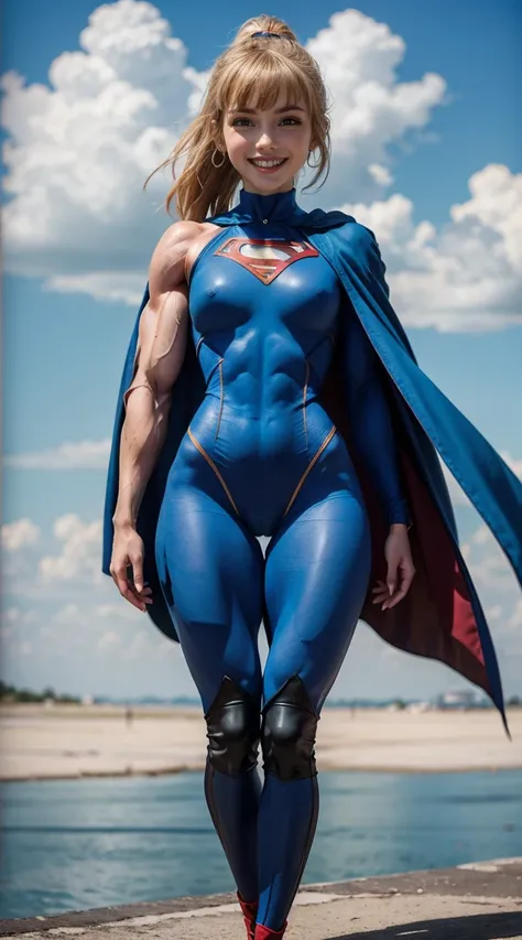 (Muscular:2.2), (thick thighs:1.8),
blonde female, (supergirl), (big smile:1.5), (blunt bangs:1.3), (ponytail:1.2),
earrings, lipstick, eyeshadow,
hard nipples,
(blue fullbodysuit:1.8), (small cape:1.3),
looking at viewer, three quarter view, (upper body v...