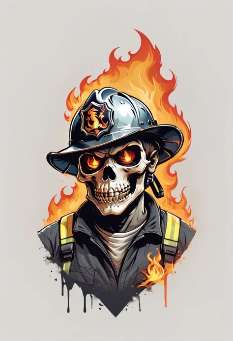 creative logo illustraton of a scary firefighter skull with flaming eyes holding a silver axe, , The illustration is set against a white background. The overall theme is vibrant and fantastic with a touch of digital art sketch by frank frazetta, dan mumfor...