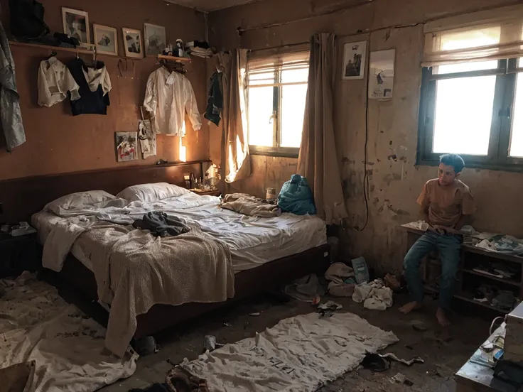 realistic amateur photo posted to facebook ,handsome young men , slum bedroom