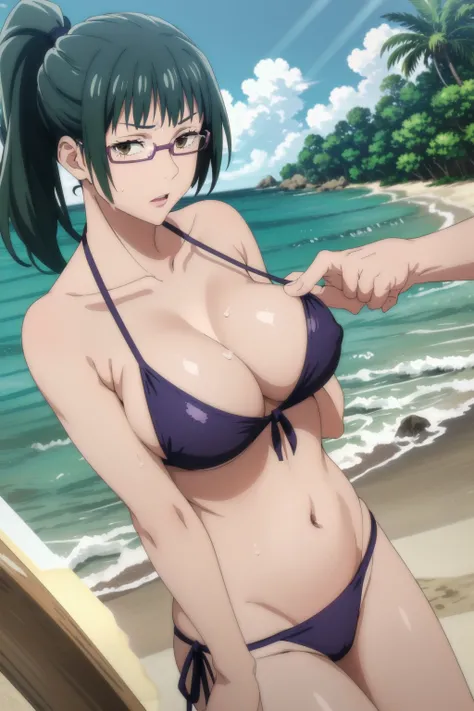 1girl, beautiful ,zenin_maki,ponytail,glasses,bangs,green hair,brown eyes, looking at the viewer, blue theme, blue background, cloudy sky, sunlight, sweat, orgasmic, bikini swimsuit, large breasts, cleavage, belly button exposed, collarbone, thighs, sea an...