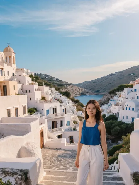 her name is Asako, high quality, 1girl, ((20-year-old fit Caucasian woman)), ((20 years old)), ((slim)), ((Hime Cut)), pose: standing, wearing stylish fashionable Generation-Z modern wear dark colored, BACKGROUND: On the caldera cliffs of Oia, with stunnin...