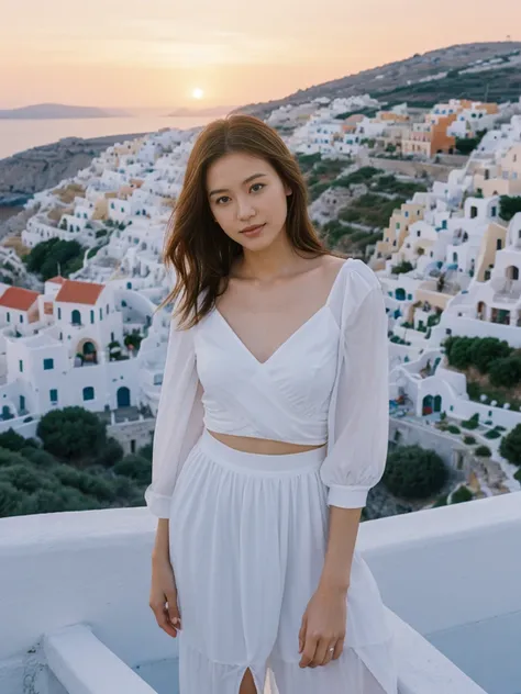 her name is Asako, high quality, 1girl, ((20-year-old fit Caucasian woman)), ((20 years old)), ((slim)), ((Hime Cut)), pose: standing, wearing stylish fashionable Generation-Z modern wear dark colored, BACKGROUND: On the caldera cliffs of Oia, with stunnin...