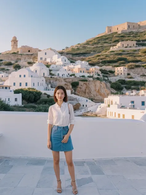 her name is Asako, high quality, 1girl, ((20-year-old fit Caucasian woman)), ((20 years old)), ((slim)), ((Hime Cut)), pose: standing, wearing stylish fashionable Generation-Z modern wear dark colored, BACKGROUND: On the caldera cliffs of Oia, with stunnin...