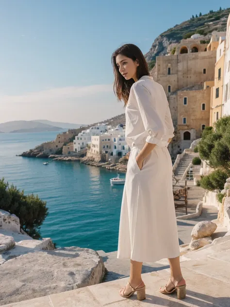 her name is Asako, high quality, 1girl, ((20-year-old fit Caucasian woman)), ((20 years old)), ((slim)), ((Hime Cut)), pose: standing, wearing stylish fashionable Generation-Z modern wear dark colored, BACKGROUND: On the caldera cliffs of Oia, with stunnin...