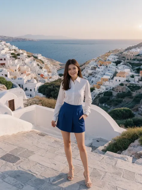 her name is Asako, high quality, 1girl, ((20-year-old fit Caucasian woman)), ((20 years old)), ((slim)), ((Hime Cut)), pose: standing, wearing stylish fashionable Generation-Z modern wear dark colored, BACKGROUND: On the caldera cliffs of Oia, with stunnin...