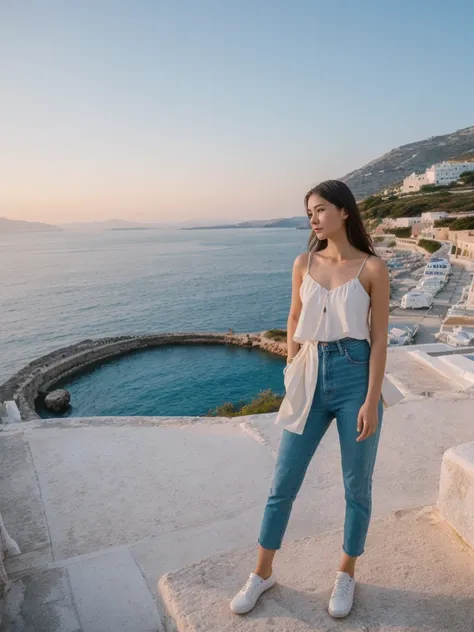 her name is Asako, high quality, 1girl, ((20-year-old fit Caucasian woman)), ((20 years old)), ((slim)), ((Hime Cut)), pose: standing, wearing stylish fashionable Generation-Z modern wear dark colored, BACKGROUND: On the caldera cliffs of Oia, with stunnin...