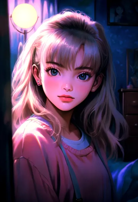 Anime Background,90s teen bedroom , Half realistic, Ring lighting , Prisma, Cinematic,pastel