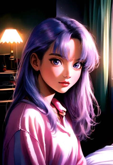 Anime Background,90s teen bedroom , Half realistic, Ring lighting , Prisma, Cinematic,pastel