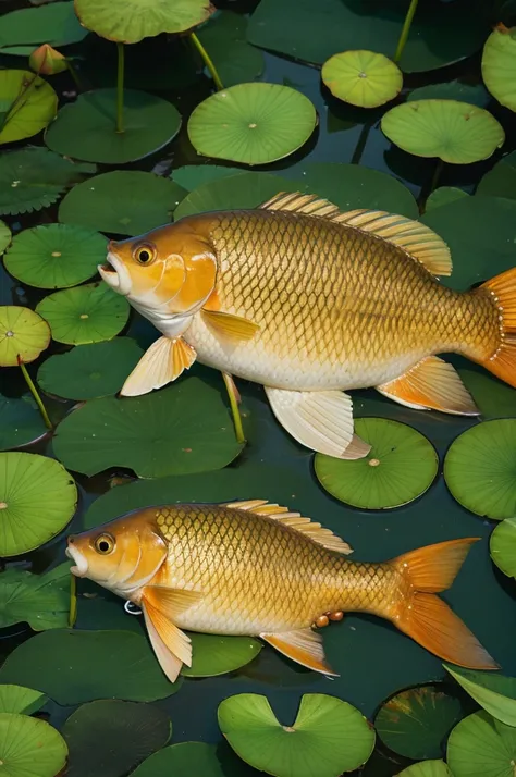 Illustration of lotus seed and two carp
