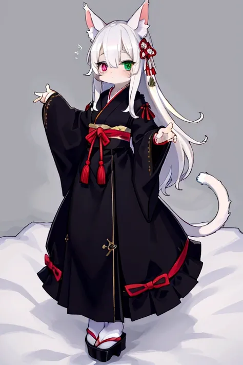 FULL BODY. Japanese young woman, cat girl, white tail and ears, pale rosy skin, SKINNY, slanted eyes, long hair, EXTRA LONG HAIR, soft hair, WHITE HAIR, thin oval face, LEFT EYE GREEN, RIGHT EYE VIOLET, HETEROCHROMIA, EYEBAGS, DARK CIRCLES UNDER THE EYES, ...