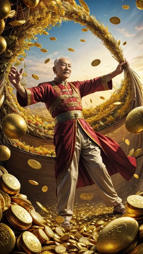 Zhao Gongming, the God of Wealth，80-year-old kind old man，，Realistic，Surrounded by money，Falling into the cornucopia，Gold coins flying all over the sky，