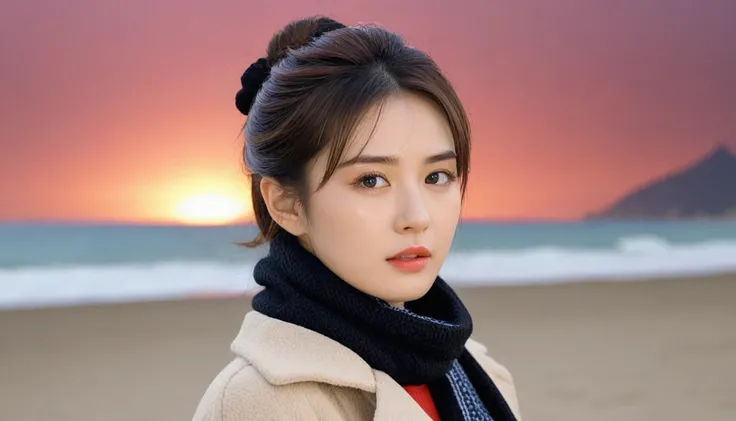 8K, 超high resolution, best quality, masterpiece, surreal, painting,A three-part method, 성숙한 1 woman, (16 years old:1.3), Pretty Woman, Cute face, Beautiful Eyes in Every Detail,Japanese female announcer,(wearing a long winter coat and scarf、Close-up of thi...