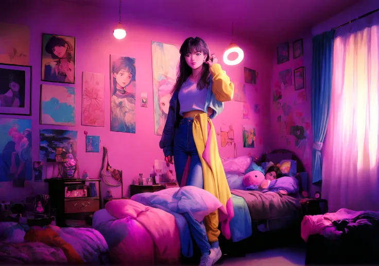 Anime Background,90s teen bedroom , Half realistic, Ring lighting , Prisma, Cinematic,pastel