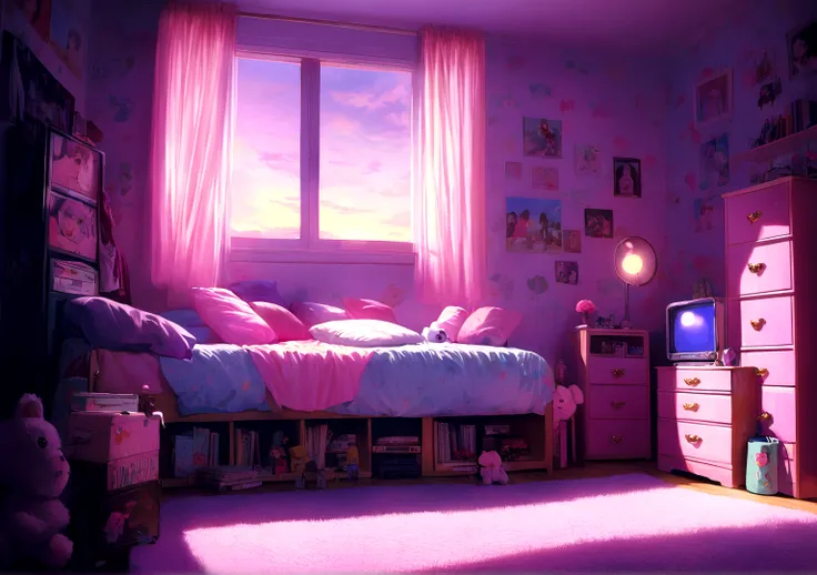 Anime Background,90s teen bedroom , Half realistic, Ring lighting , Prisma, Cinematic,pastel