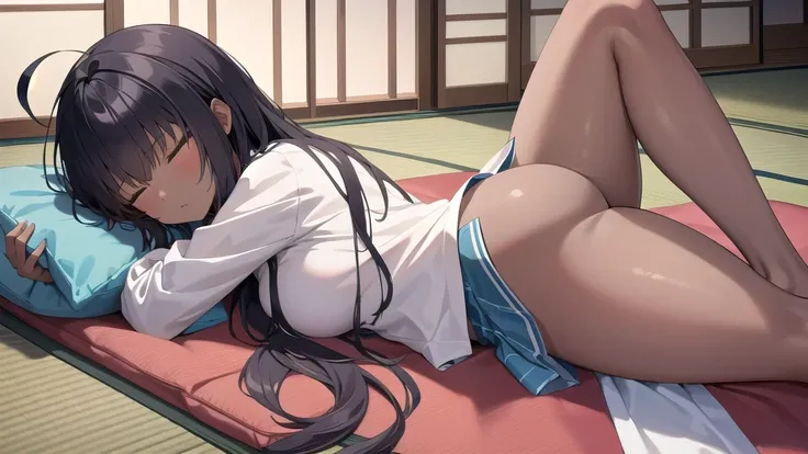 (masterpiece, Highest quality, detailed), One girl, alone, karin kakudate, Very dark skin, Hello, Very long hair, tattoo,
pajamas, sleepy, Sleep wine, indoor, tatami, sliding door, cushion, Fan, Kotatsu, Lie in, On the stomach, Lift your legs, Part your li...