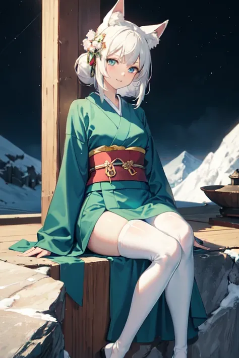 ((best quality)), ((masterpiece)), (detailed), Anime 18-year-old woman with white hair and blue eyes sitting sideways on a textureless square stone on the mountain at night, slight smile，Fox tail，Fox ears，Neat waist-length hair ，headgear(flower), Waist orn...