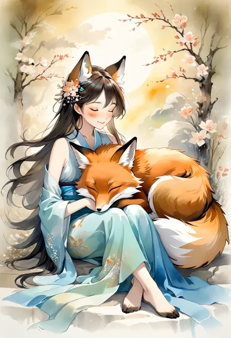 best quality, super fine, 16k, 2.5D, delicate and dynamic depiction, fox spirit stroking the head of sleeping  on his lap, gentle loving smile, effects wrapped in soft colors and light, fusion of watercolors and oil paintings, calligraphy, ink, shading, gr...