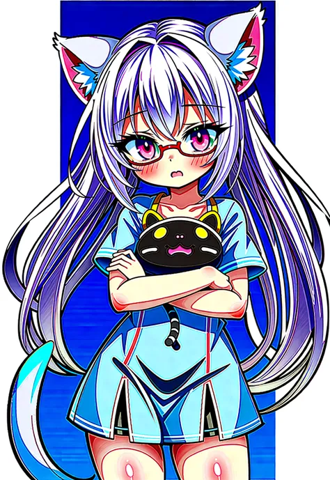 that has a fearful face, white hair, cat ears, yellow glasses and transparent super blushing pink eyes that has a towel around it and is in spaghetti and has a cat tail that is a super fearful girl