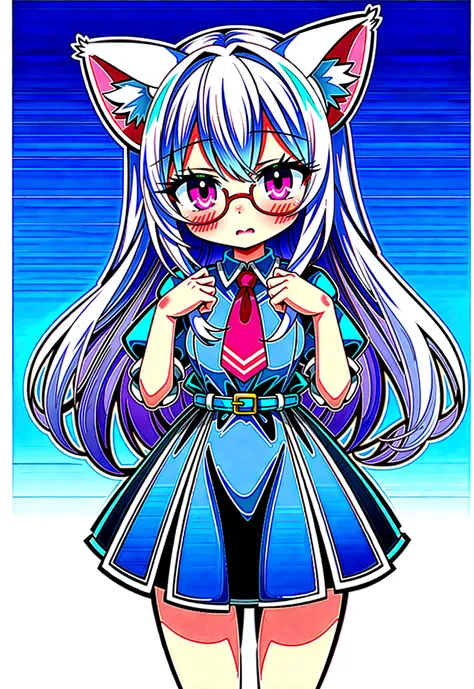 that has a fearful face, white hair, cat ears, yellow glasses and transparent super blushing pink eyes that has a towel around it and is in spaghetti and has a cat tail that is a super fearful girl