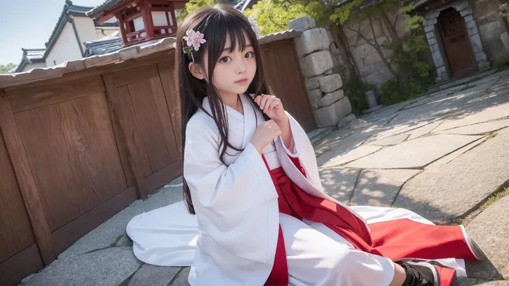 Highest quality, 8K,（ 11 years old、girl）、Fluffy long hair、Shrine maiden&#39;s kimono、Wet body、smile、Cherry blossom trees、river