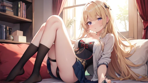 floor、mini skirt，Clothes with intricate details，Bright，Swimsuit，one person，blond，Sexy、Deep sleep、long hair、Stockings