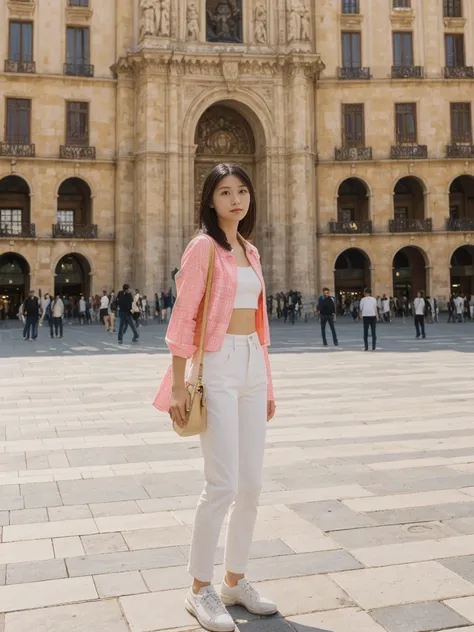 her name is Asako, high quality, 1girl, ((20-year-old fit Caucasian woman)), ((20 years old)), ((slim)), ((Hime Cut)), pose: standing, wearing stylish fashionable Generation-Z modern wear bright colored, BACKGROUND:In the Plaza Mayor, surrounded by grand a...